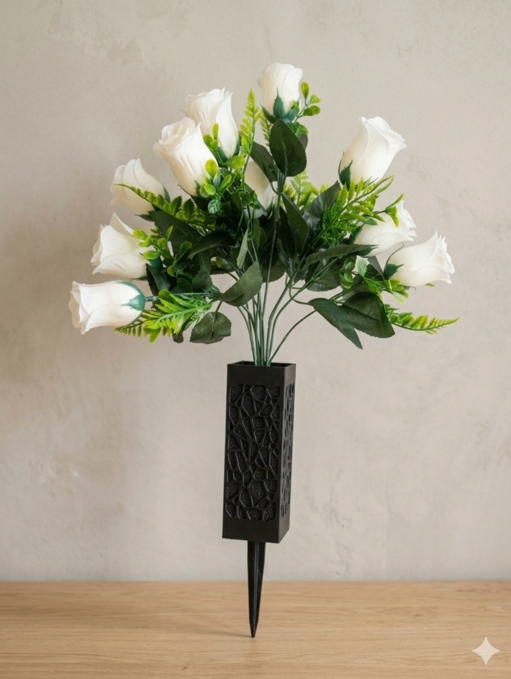 Artificial White Rose Bouquet with Greenery in Black Vase - Unbranded